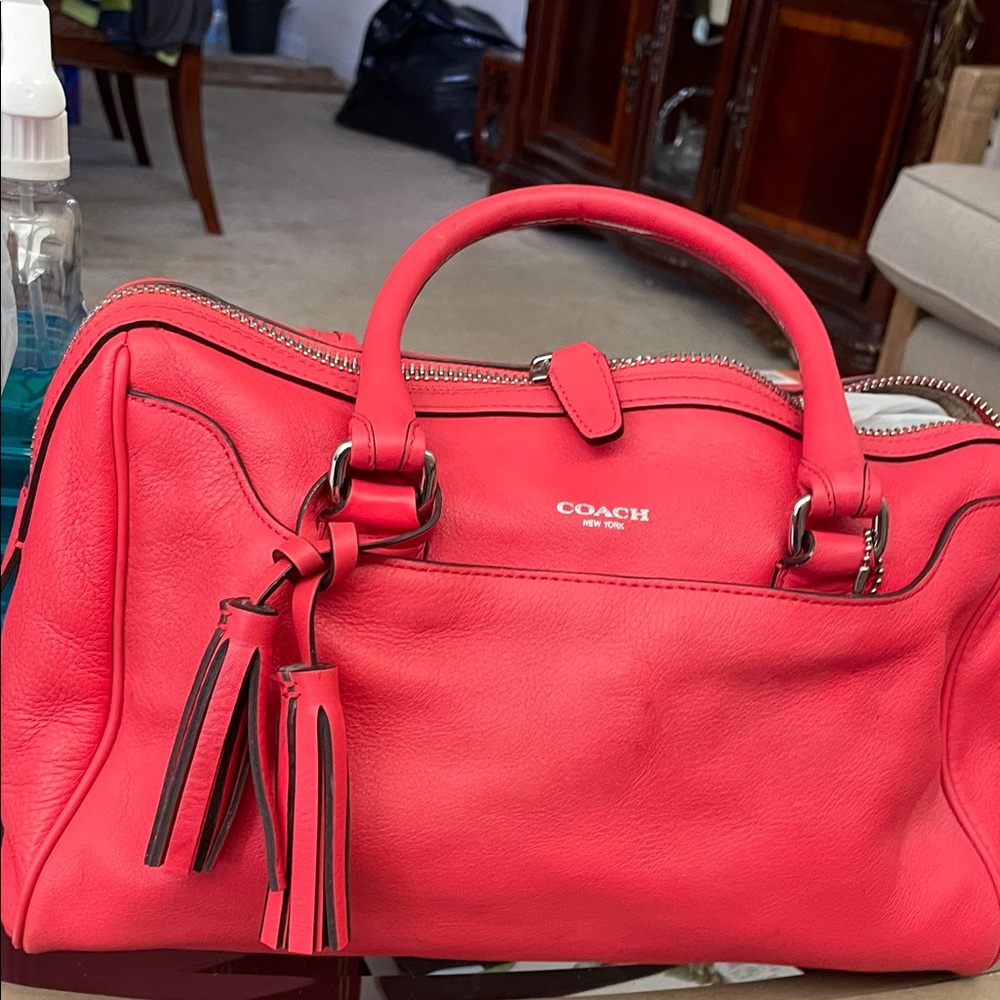 Coach Coral-Red Leather Satchel with Tassel Detail